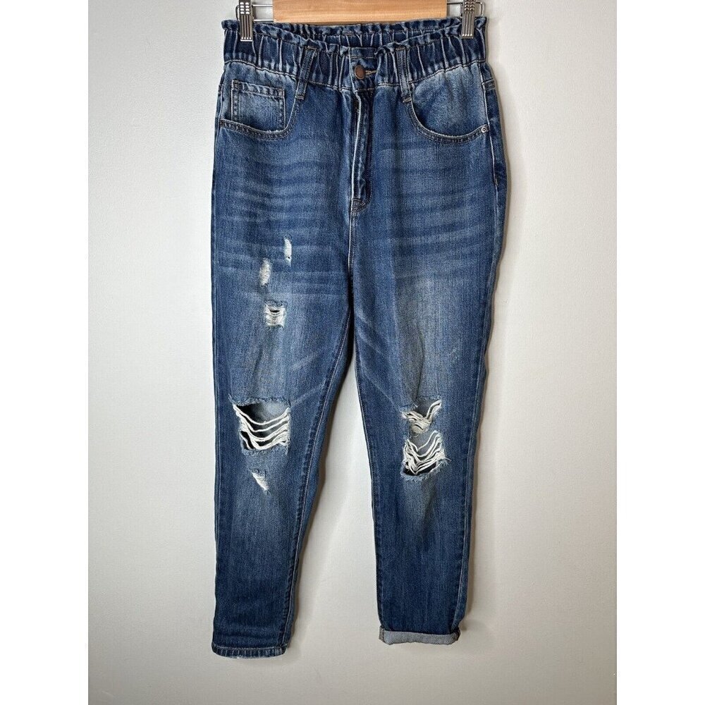Risen Los Angeles Womens Jeans Elastic Waist 80s Y2K Distressed Denim Blue Sz 27